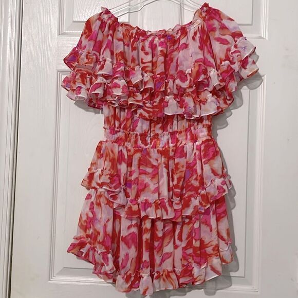 Misa Isella Maldive Marble Off the Shoulder Ruffle Tiers Mini Dress Size Small - Picture 4 of 10